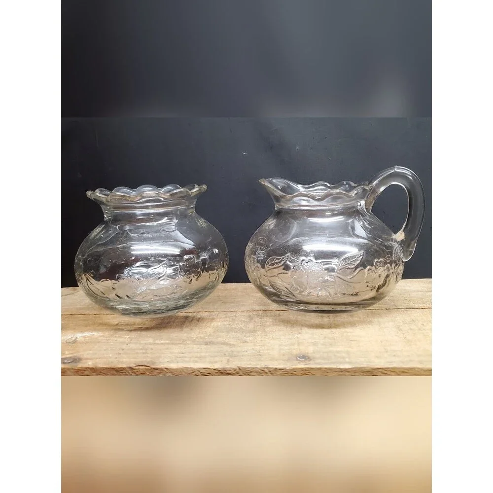 Jenkins Glass Antique Daisy Leaf Band Open Sugar and Creamer Clear Glass